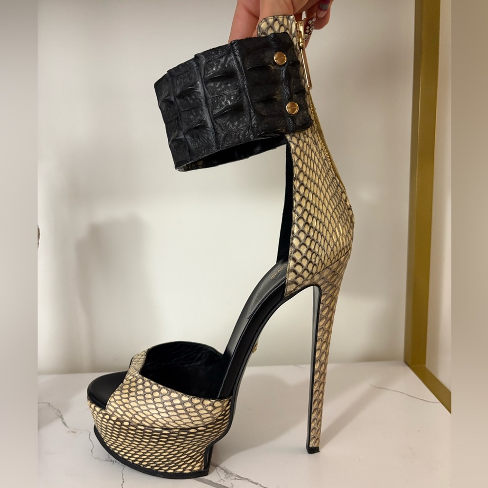 Roberto Cavalli Genuine Snakeskin Platform Heel with Croc Cuff